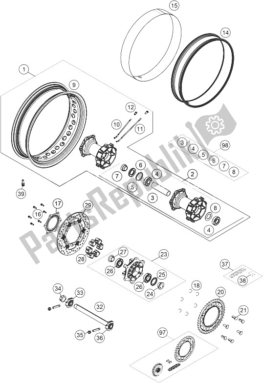 All parts for the Rear Wheel of the KTM 1190 ADV ABS Grey WES Europe 2013