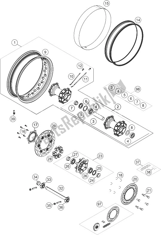 All parts for the Rear Wheel of the KTM 1190 ADV ABS Grey WES France 2015