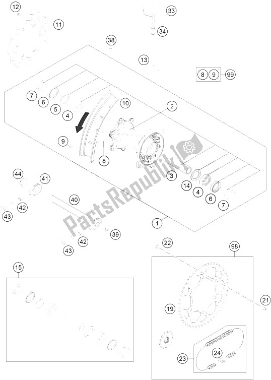 All parts for the Rear Wheel of the KTM 300 EXC CKD Brazil 2015