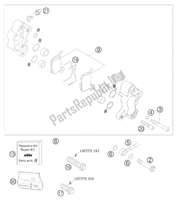 Alle onderdelen voor de Remklauw Voorzijde 50 Lc van de KTM 50 SX PRO Junior LC Europe 2005