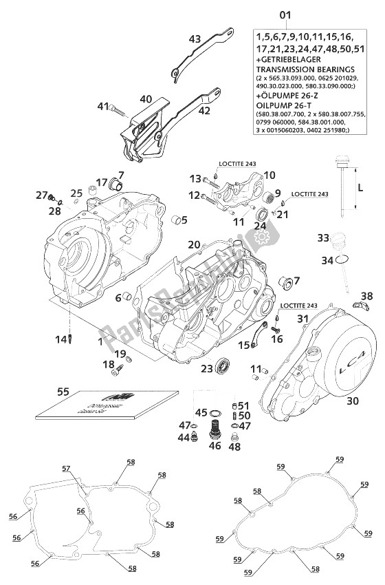 Tutte le parti per il Basamento 400/620 Sc 2001 del KTM 620 SUP Comp 20 KW Europe 1999