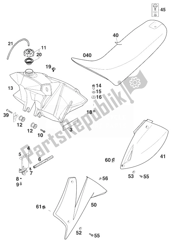 All parts for the Tank - Seat - Cover Sc '99 of the KTM 400 SUP Comp 20 KW Europe 1999