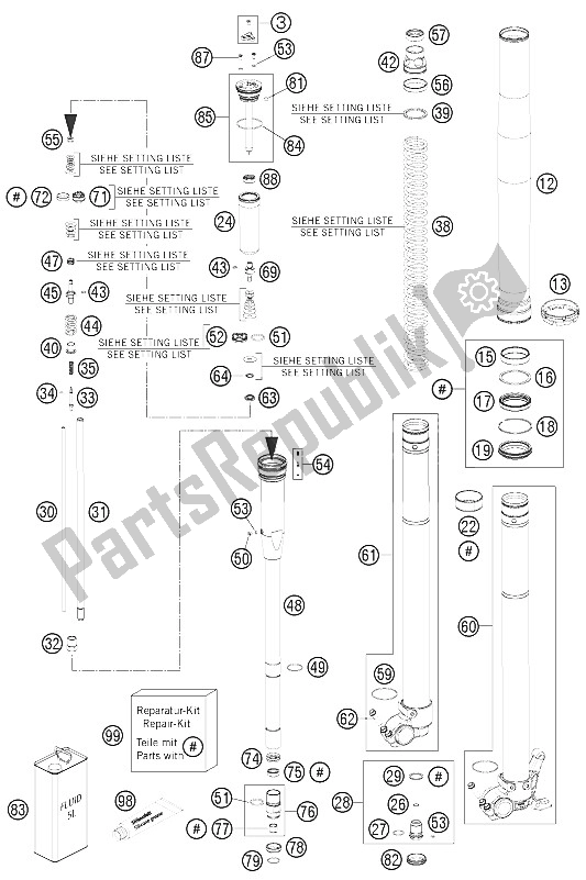 Wszystkie części do Zdemontowany Przedni Widelec KTM 450 SX F Fact Repl USA 2012