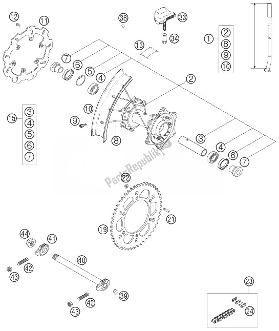 Alle onderdelen voor de Achterwiel van de KTM 125 SXS Europe 2007