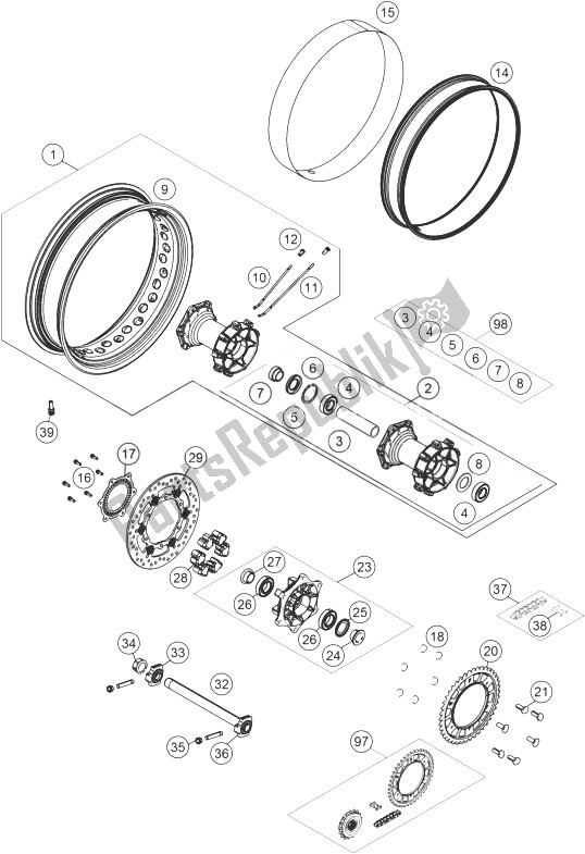 All parts for the Rear Wheel of the KTM 1190 ADV ABS Grey WES Europe 2014