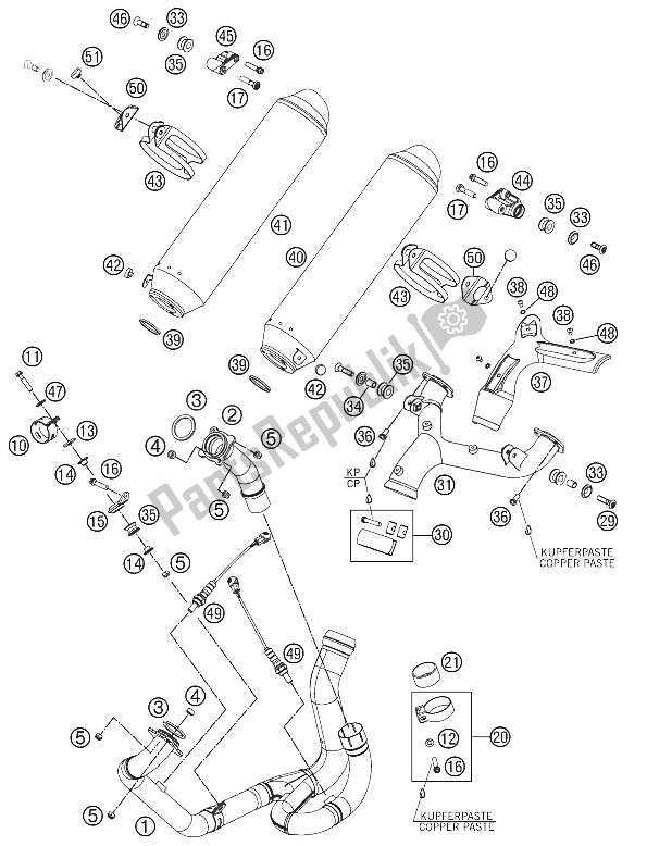 All parts for the Exhaust System of the KTM 990 Supermoto R Australia United Kingdom 2011