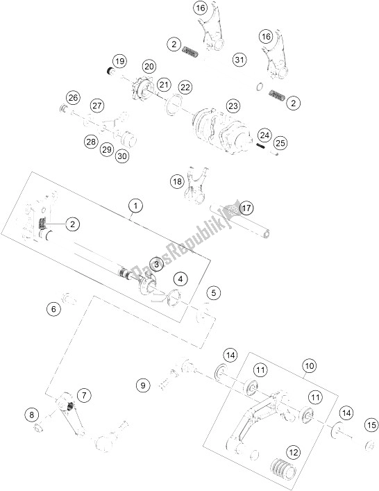 All parts for the Shifting Mechanism of the KTM RC 390 White ABS B D 15 USA 2015
