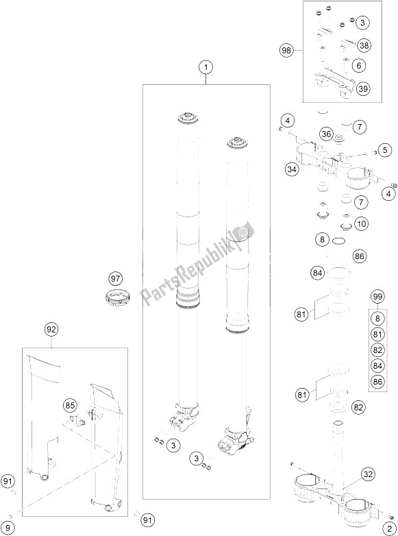 All parts for the Front Fork, Triple Clamp of the KTM 250 SX Europe 2016