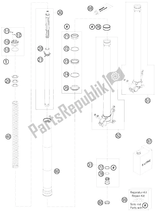 All parts for the Front Fork Disassembled of the KTM 990 Adventure R Europe 2009