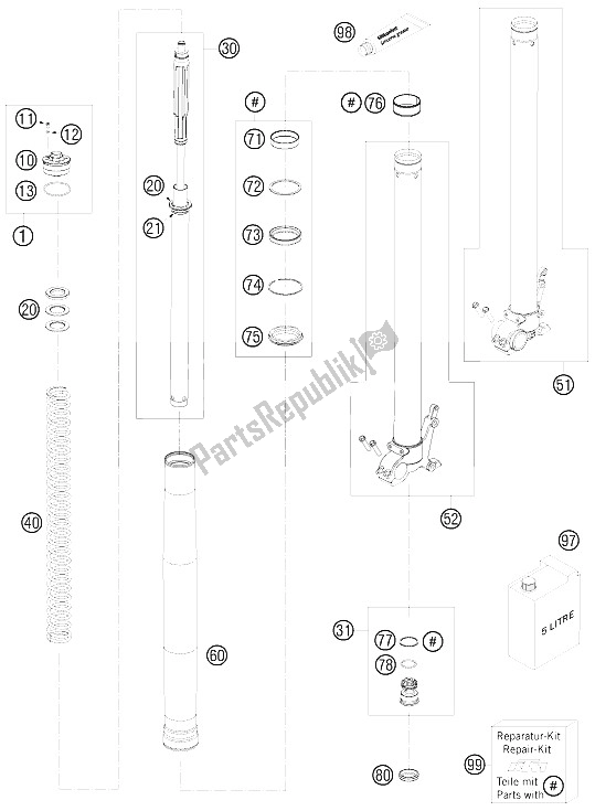 All parts for the Front Fork Disassembled of the KTM 990 Adventure White ABS 09 USA 2009