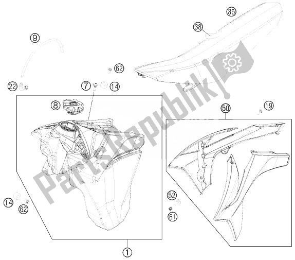 Tutte le parti per il Serbatoio, Sedile, Coperchio del KTM 450 EXC Australia 2014