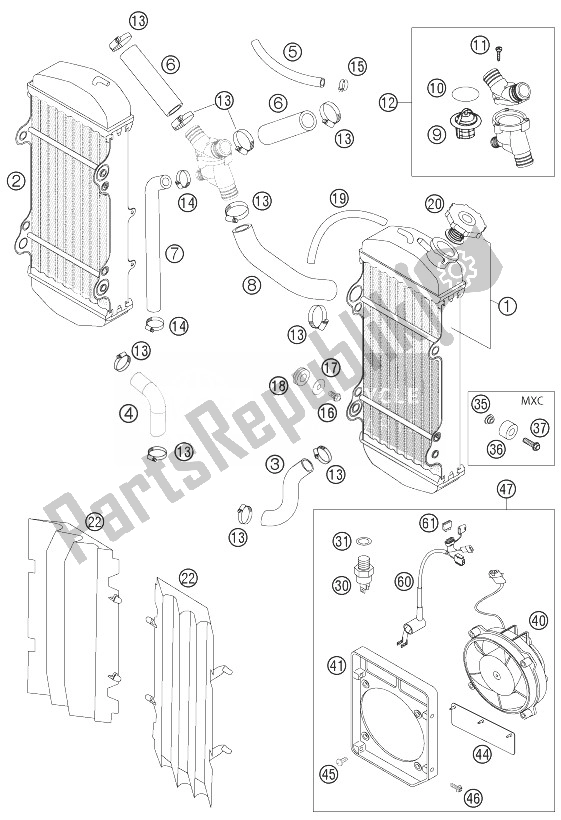 All parts for the Cooling System Racing of the KTM 250 EXC G Racing USA 2004