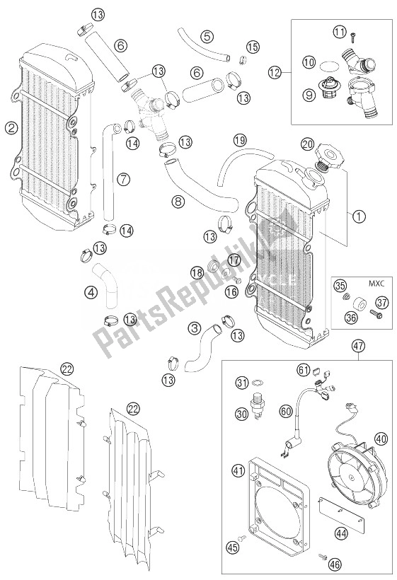 All parts for the Cooling System Racing of the KTM 250 EXC Racing Europe 2004