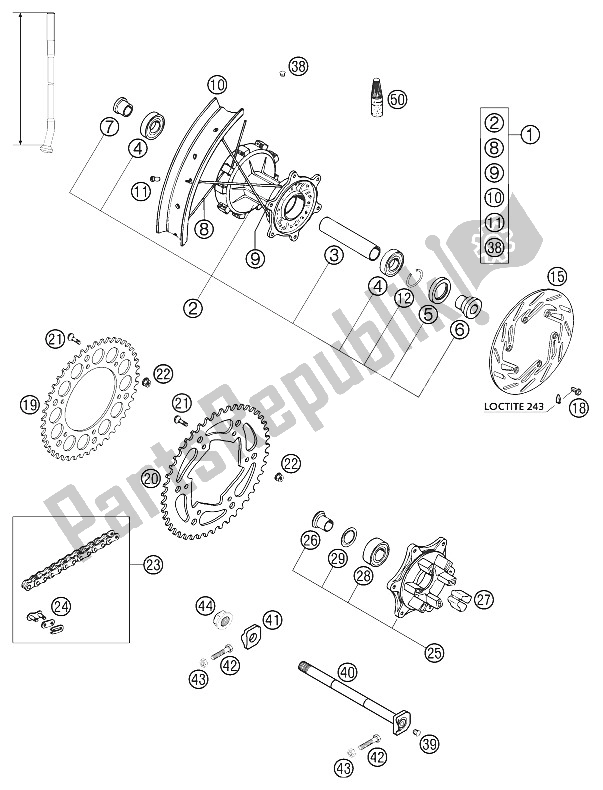 Todas as partes de Basculante De Roda Traseira Lc4 2002 do KTM 640 LC 4 E ROT 18L USA 2002