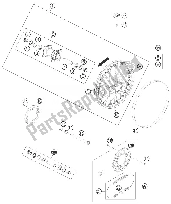 All parts for the Rear Wheel of the KTM Freeride 350 Australia 2014