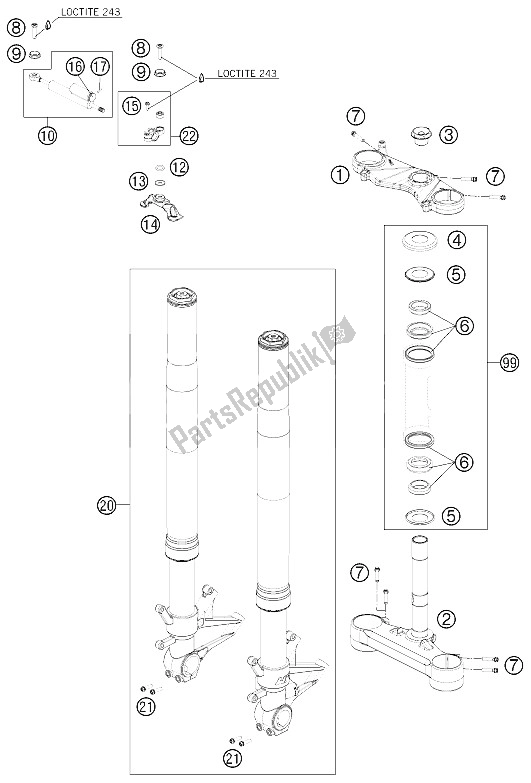 All parts for the Front Fork, Triple Clamp of the KTM 1190 RC 8 USA 2009