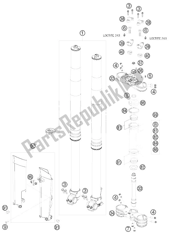 Tutte le parti per il Forcella Anteriore, Pinza Tripla del KTM 250 SXS F Europe 2008