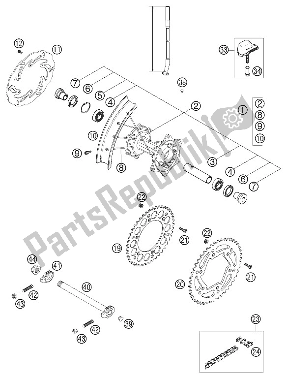 Alle onderdelen voor de Achterwiel 125-380 2002 van de KTM 125 SXS Europe 2002