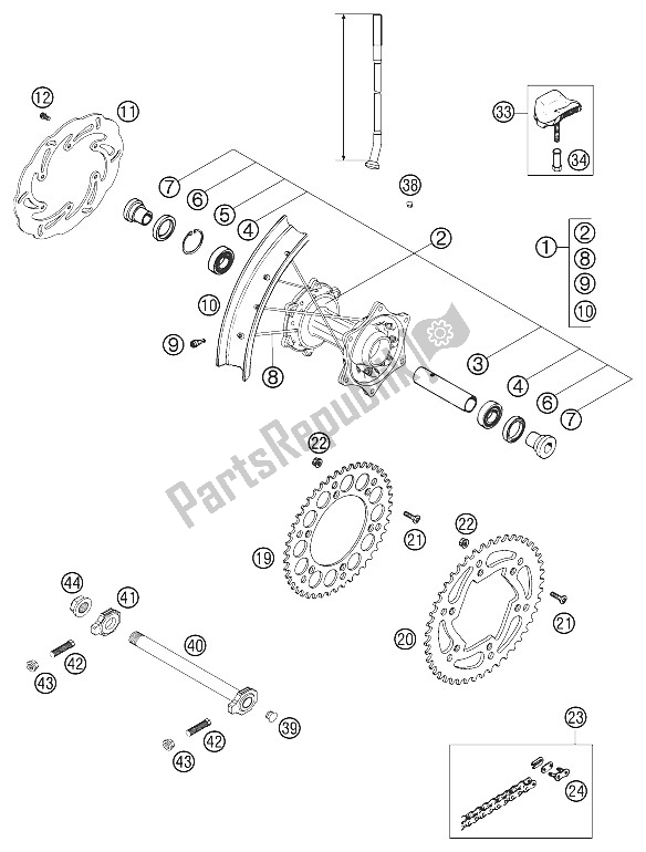 Toutes les pièces pour le Roue Arrière 125-380 2002 du KTM 200 MXC USA 2002