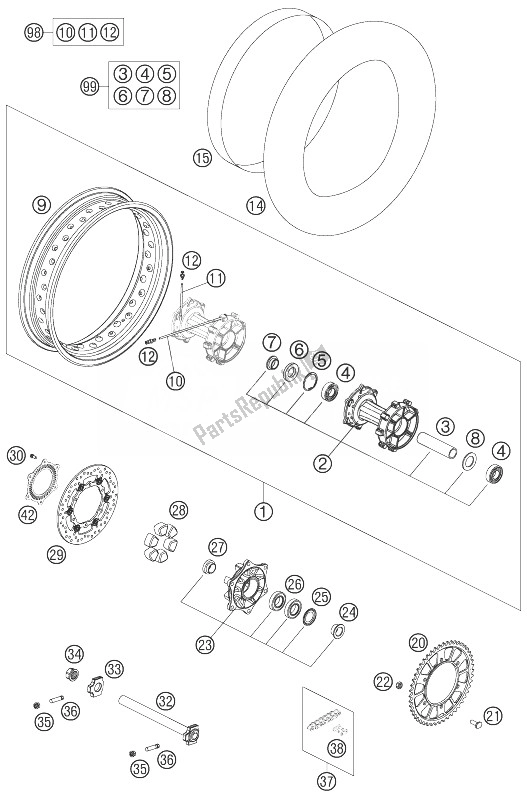 All parts for the Rear Wheel of the KTM 990 Adventure Orange ABS 07 Europe 2007