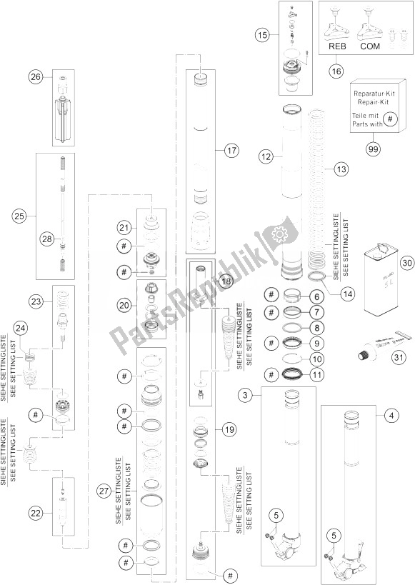 All parts for the Front Fork Disassembled of the KTM 250 XC Europe USA 2014