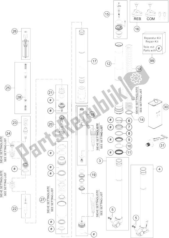 Alle onderdelen voor de Voorvork Gedemonteerd van de KTM 350 XC F USA 2014