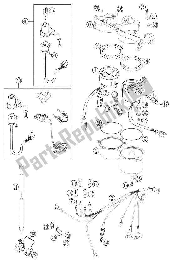 All parts for the Speedometer, Tachometer 640 Du of the KTM 640 Duke II Orange Europe 2002