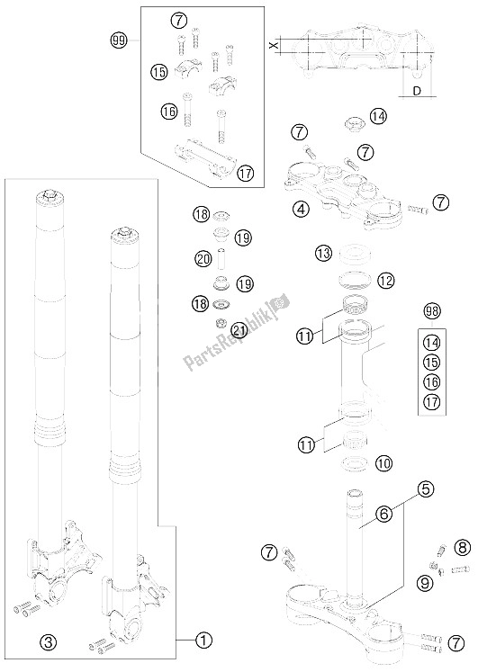 Tutte le parti per il Forcella Anteriore, Pinza Tripla del KTM 990 Super Duke Black Australia United Kingdom 2011