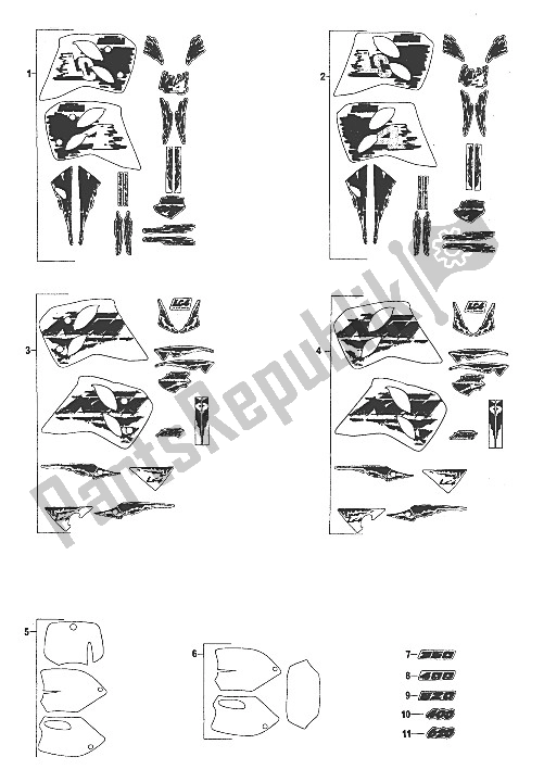 Toutes les pièces pour le Jeu De Décalcomanies 350-620 Lc4'94 du KTM 350 E XC 4T Europe 1994