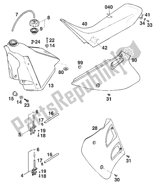 Wszystkie części do Zbiornik - Siedzisko - Pokrowiec 125'95 KTM 125 SX Marz OHL Europe 1995