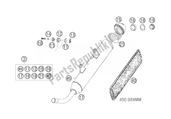 All parts for the Exhaust Silencer of the KTM 250 EXC Australia 2007