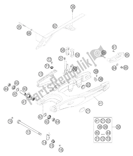 All parts for the Swingarm of the KTM 625 SMC Australia United Kingdom 2006