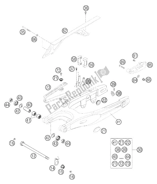 All parts for the Swingarm of the KTM 660 SMC Europe 2006