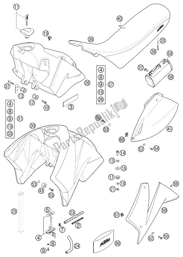 All parts for the Tank, Seat, Cover Lc4, Lc4 Sm of the KTM 640 LC4 E Super Moto ROT Australia 2002