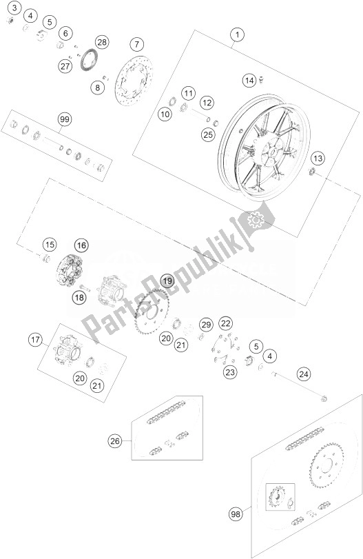 Alle onderdelen voor de Achterwiel van de KTM 200 Duke OR W O ABS CKD 14 China 2014