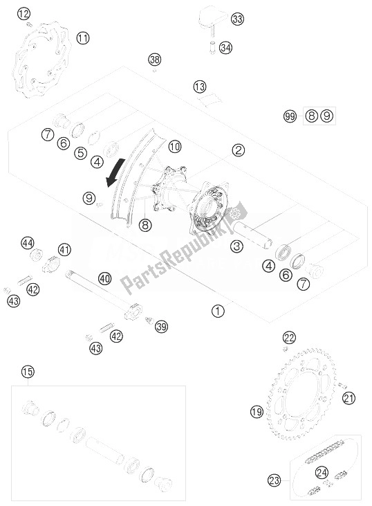 All parts for the Rear Wheel of the KTM 125 EXC Europe 2010