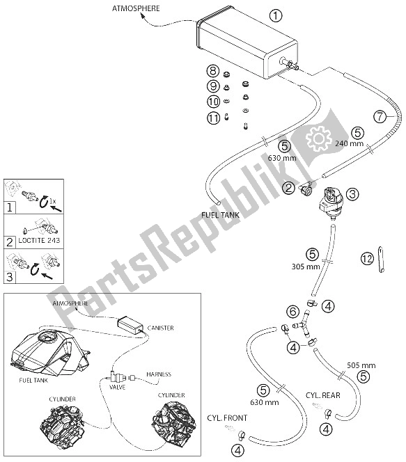 Todas as partes de Vasilha Evaporativa do KTM 1190 RC 8 Black USA 2009