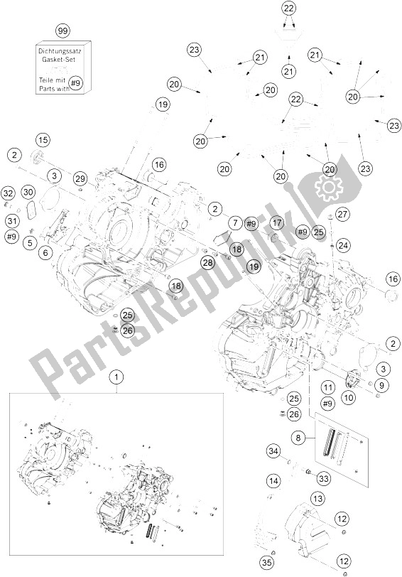 All parts for the Engine Case of the KTM 1190 ADV ABS Grey WES France 2015