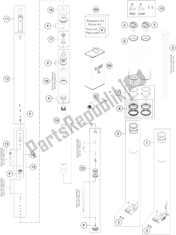 All parts for the Front Fork Disassembled of the KTM 125 EXC SIX Days Europe 2016