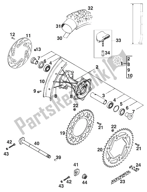 All parts for the Rear Wheel 250/300/360 '96 of the KTM 250 SX M O USA 1996