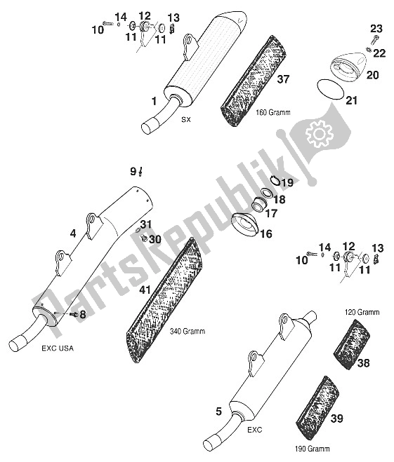Tutte le parti per il Silenziatore 125 200 del KTM 125 SX Europe 2001