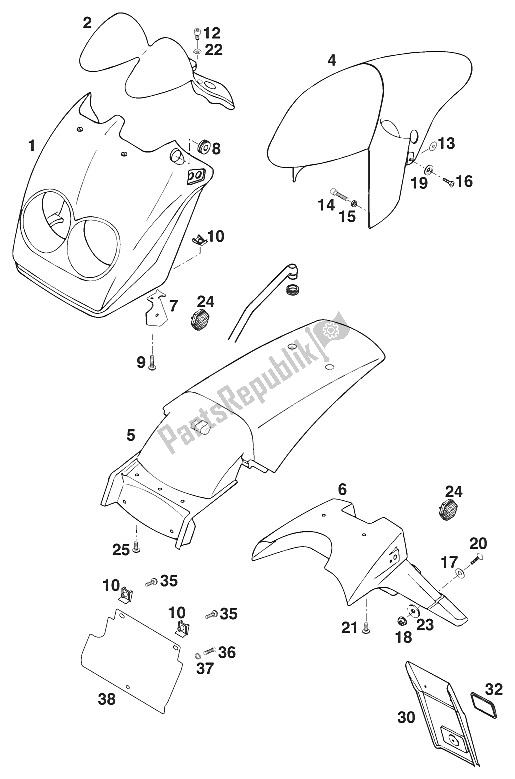 Todas las partes para Guardabarros, Tapa Faro Duke '97 de KTM 620 Duke E 37 KW Europe 1997