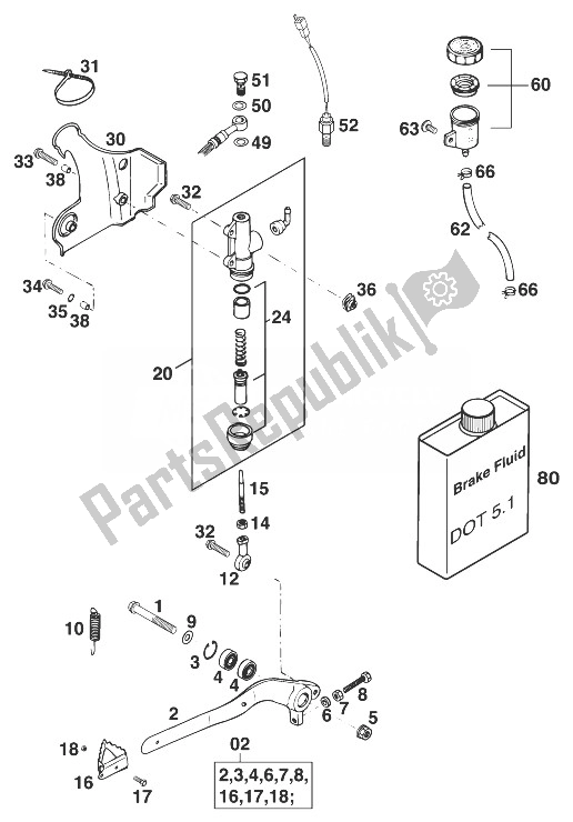 Tutte le parti per il Comando Freno Posteriore 125-380'99 del KTM 250 SX 99 Europe 1999