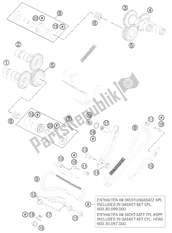 All parts for the Timing Drive of the KTM 990 Super Duke R Europe 2012