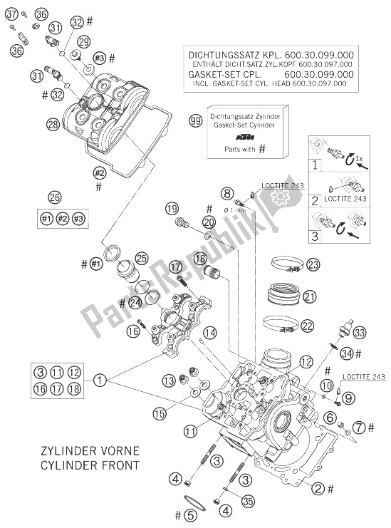 All parts for the Cylinder Head Front of the KTM 990 Super Duke Anthrazit 07 Australia United Kingdom 2007