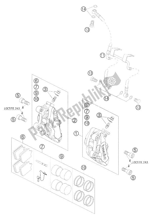 All parts for the Brake Caliper Front of the KTM 990 Superduke Black Europe 2005