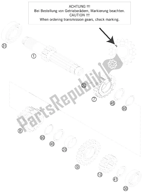 All parts for the Transmission I - Main Shaft of the KTM 125 SX Europe 2008