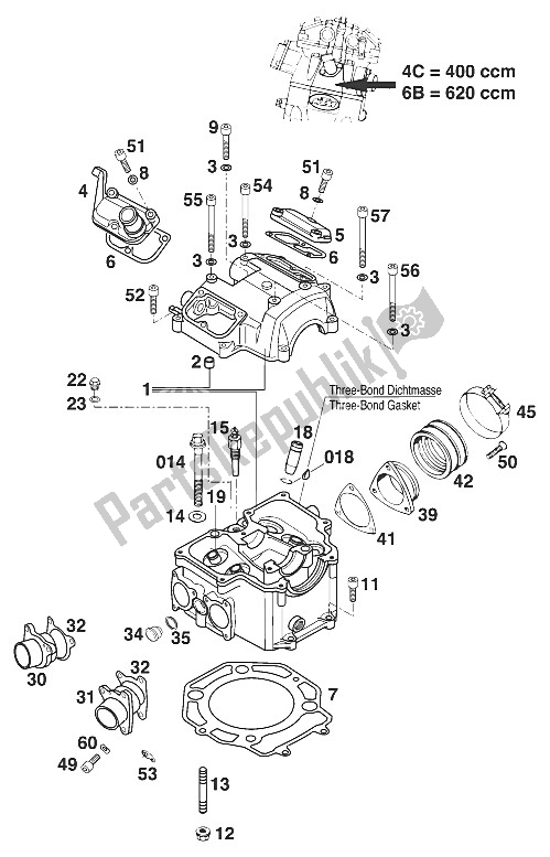 Tutte le parti per il Testata 400-620 Lc4 '99 del KTM 400 SC Europe 2000