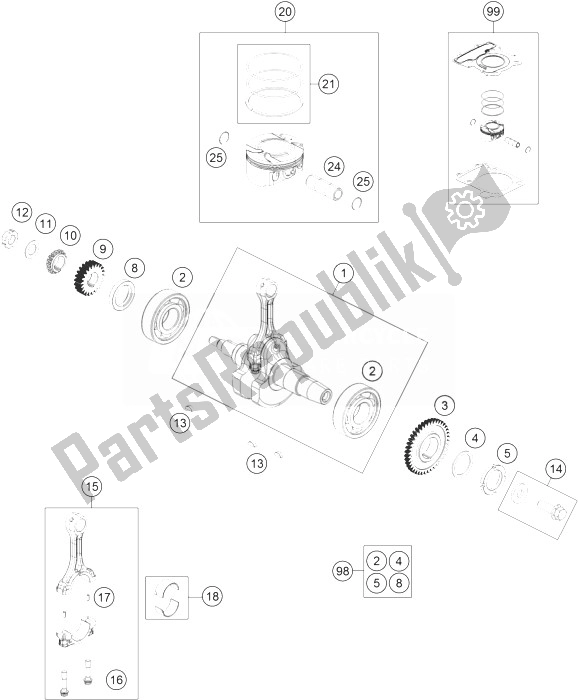 All parts for the Crankshaft, Piston of the KTM 200 Duke White ABS CKD Malaysia 2013