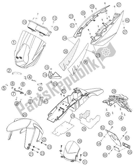 All parts for the Mask, Fenders of the KTM 990 Superduke Black Europe 2005